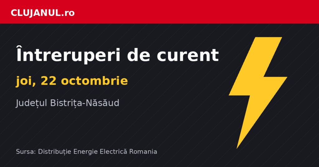 Întreruperi de curent în județul Bistrița-Năsăud, joi 22 octombrie: Bistrita Birgaului, Bistrita și Parva