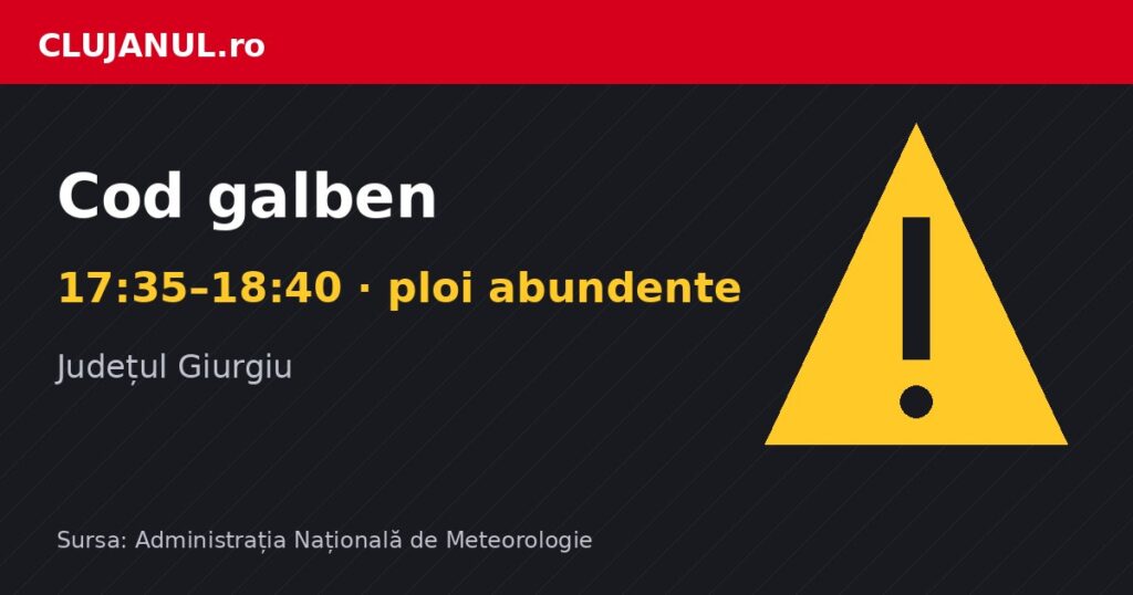 Cod galben de ploi abundente în județele Giurgiu și Teleorman, până la ora 18:40: Roata de Jos, Izvoarele, Răsuceni și alte localități